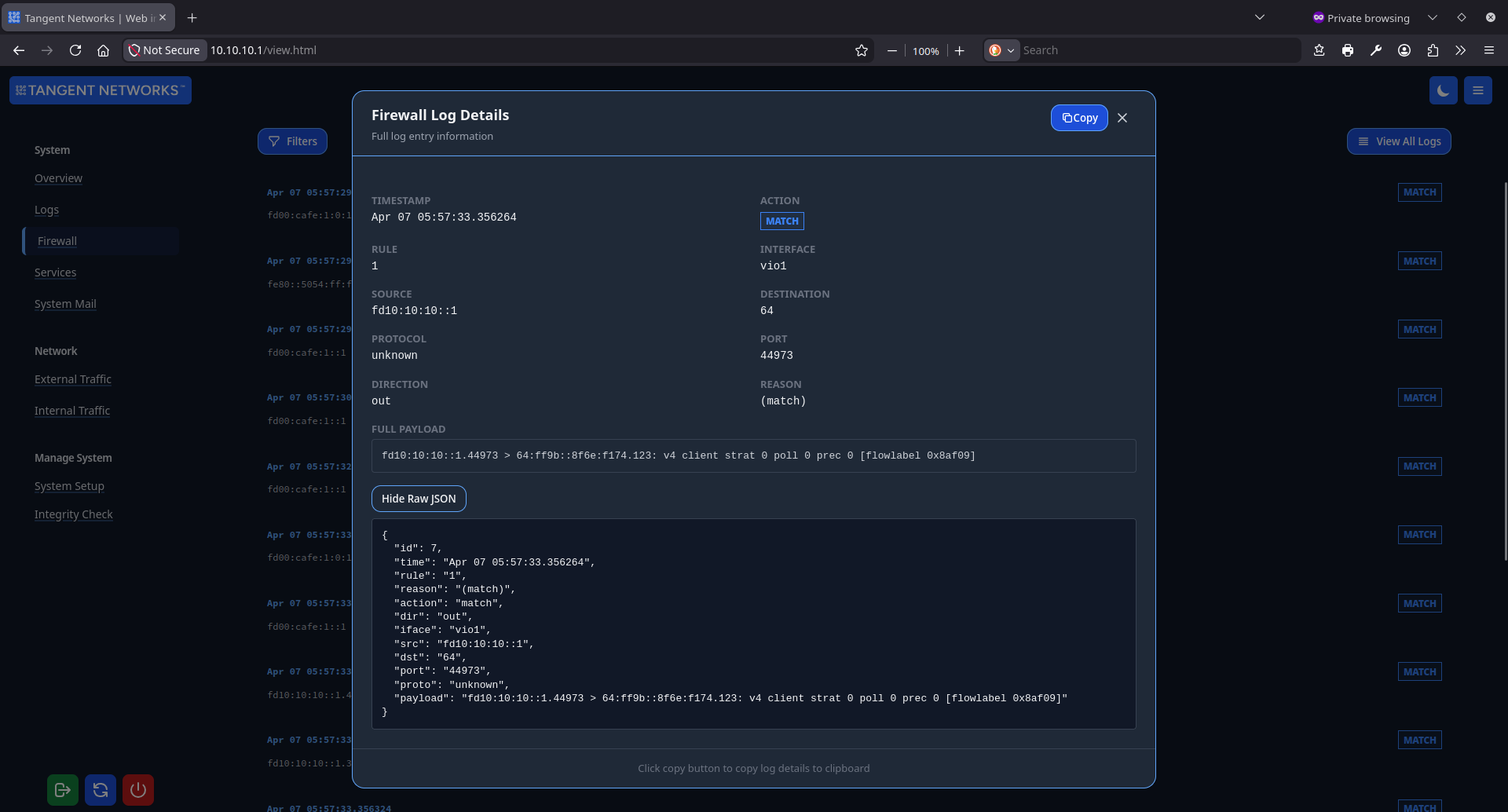Firewall Logs — Event Copy Modal